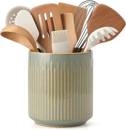 JIEMEI HOME Kitchen Utensil Holder, Ceramic Stable Utensil Crock for Countertop, 7.2" Large Utensil Organizer with Cork Mat, Removable Bamboo Divider for Kitchen Décor and Accessories, Wild Sage Earth