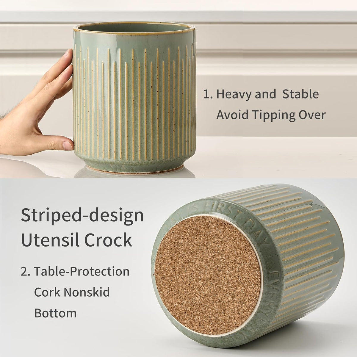 JIEMEI HOME Kitchen Utensil Holder, Ceramic Stable Utensil Crock for Countertop, 7.2" Large Utensil Organizer with Cork Mat, Removable Bamboo Divider for Kitchen Décor and Accessories, Wild Sage Earth