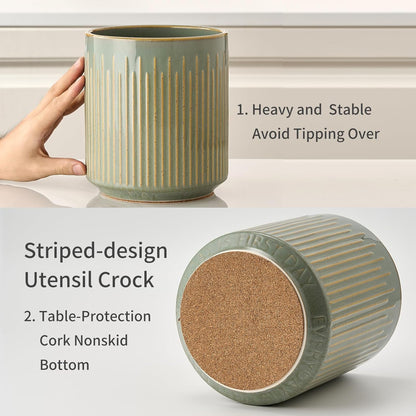 JIEMEI HOME Kitchen Utensil Holder, Ceramic Stable Utensil Crock for Countertop, 7.2" Large Utensil Organizer with Cork Mat, Removable Bamboo Divider for Kitchen Décor and Accessories, Wild Sage Earth