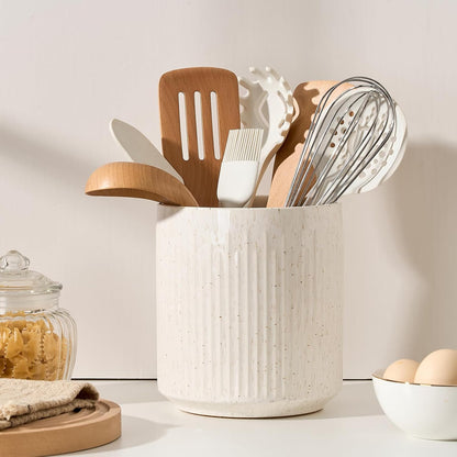 JIEMEI HOME Kitchen Utensil Holder, Ceramic Stable Utensil Crock for Countertop, 7.2" Large Utensil Organizer with Cork Mat, Removable Bamboo Divider for Kitchen Décor and Accessories, Wild Sage Earth