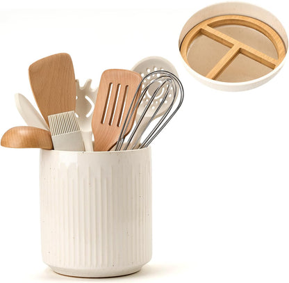 JIEMEI HOME Kitchen Utensil Holder, Ceramic Stable Utensil Crock for Countertop, 7.2" Large Utensil Organizer with Cork Mat, Removable Bamboo Divider for Kitchen Décor and Accessories, Wild Sage Earth