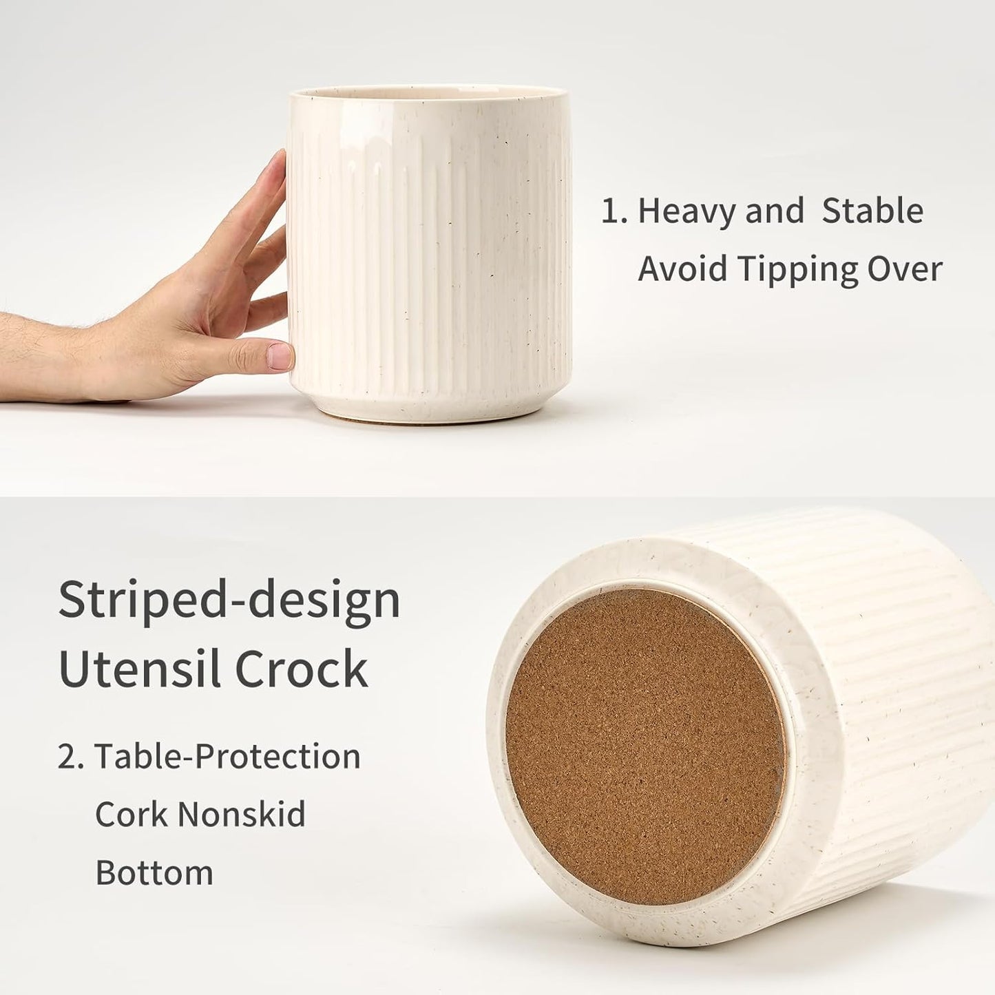 JIEMEI HOME Kitchen Utensil Holder, Ceramic Stable Utensil Crock for Countertop, 7.2" Large Utensil Organizer with Cork Mat, Removable Bamboo Divider for Kitchen Décor and Accessories, Wild Sage Earth