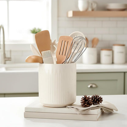 JIEMEI HOME Kitchen Utensil Holder, Ceramic Stable Utensil Crock for Countertop, 7.2" Large Utensil Organizer with Cork Mat, Removable Bamboo Divider for Kitchen Décor and Accessories, Wild Sage Earth