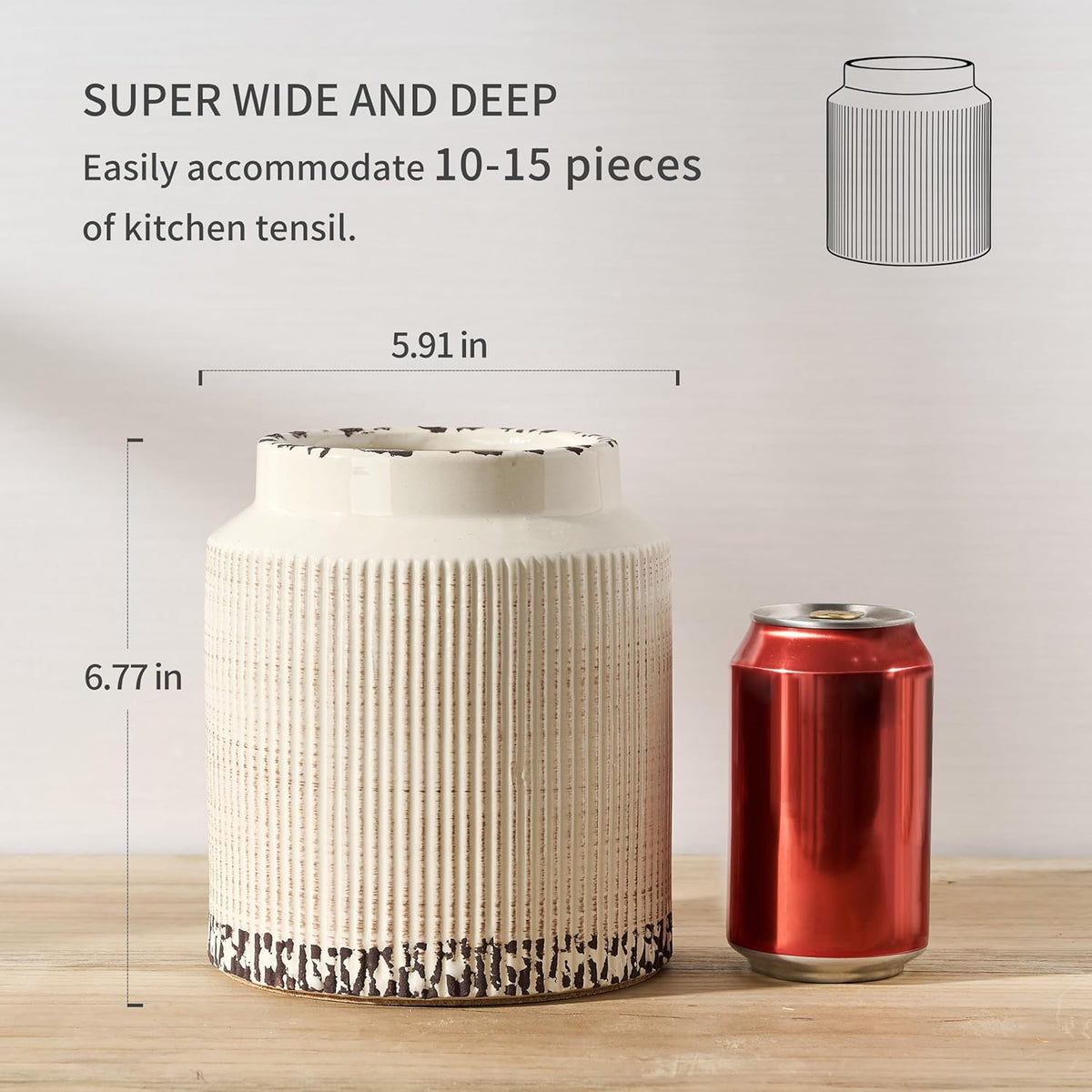 JIEMEI HOME Kitchen Utensil Holder, Ceramic Stable Utensil Crock for Countertop, 7.2" Large Utensil Organizer with Cork Mat, Removable Bamboo Divider for Kitchen Décor and Accessories, Wild Sage Earth