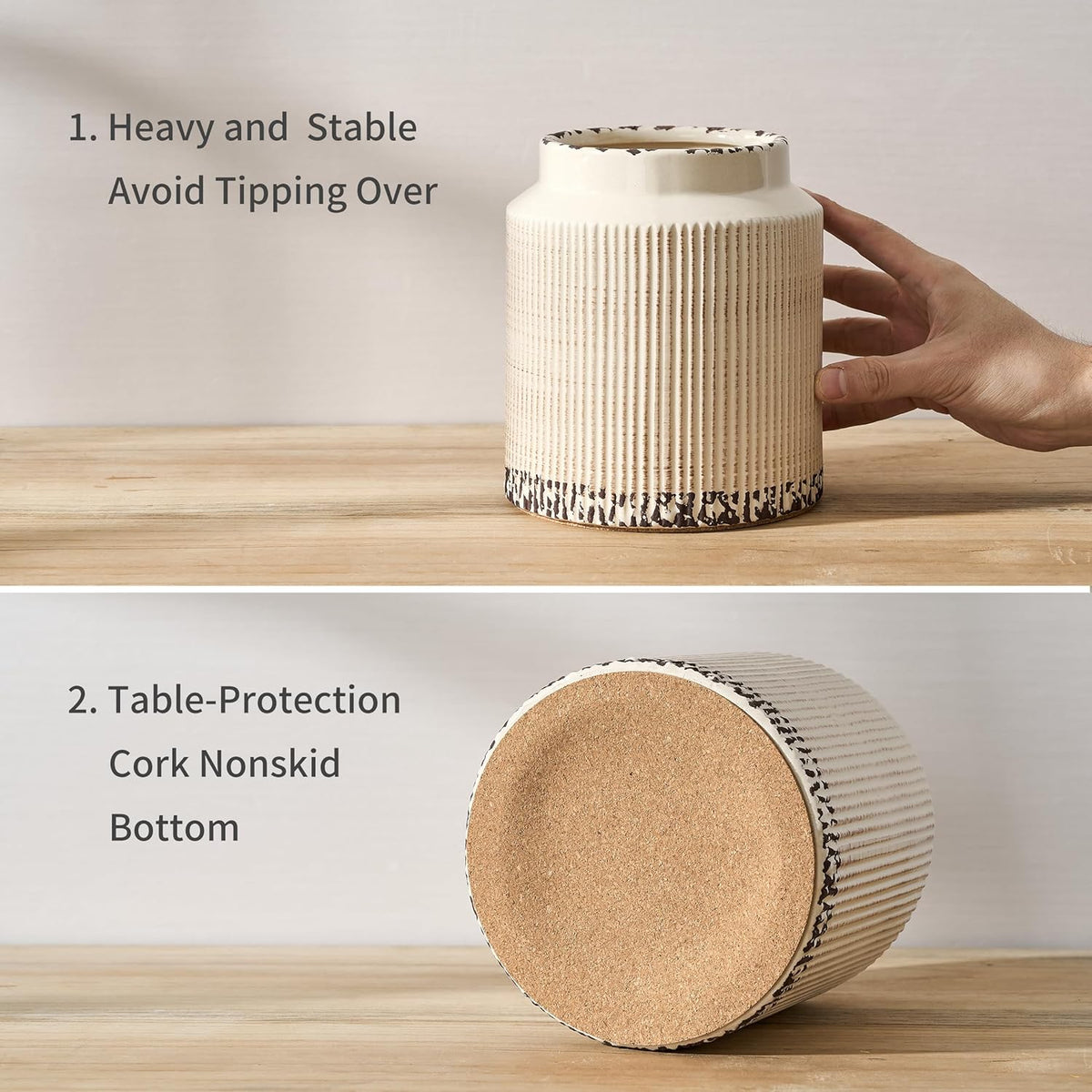 JIEMEI HOME Kitchen Utensil Holder, Ceramic Stable Utensil Crock for Countertop, 7.2" Large Utensil Organizer with Cork Mat, Removable Bamboo Divider for Kitchen Décor and Accessories, Wild Sage Earth
