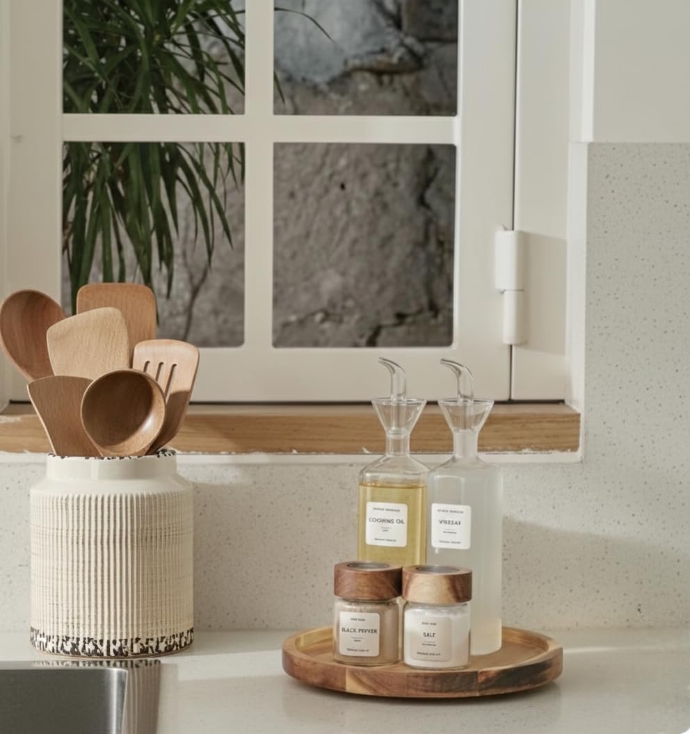 JIEMEI HOME Kitchen Utensil Holder, Ceramic Stable Utensil Crock for Countertop, 7.2" Large Utensil Organizer with Cork Mat, Removable Bamboo Divider for Kitchen Décor and Accessories, Wild Sage Earth