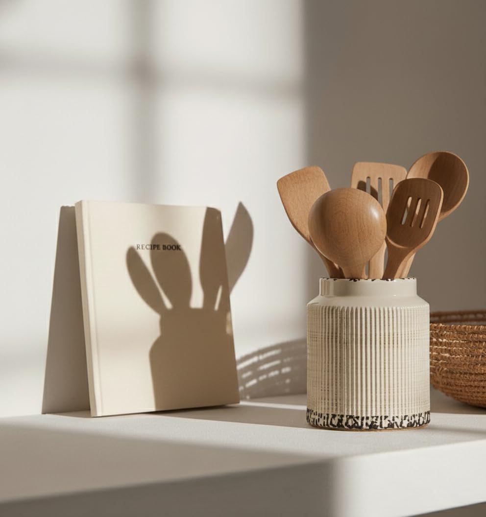 JIEMEI HOME Kitchen Utensil Holder, Ceramic Stable Utensil Crock for Countertop, 7.2" Large Utensil Organizer with Cork Mat, Removable Bamboo Divider for Kitchen Décor and Accessories, Wild Sage Earth