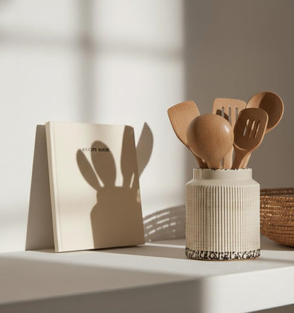 JIEMEI HOME Kitchen Utensil Holder, Ceramic Stable Utensil Crock for Countertop, 7.2" Large Utensil Organizer with Cork Mat, Removable Bamboo Divider for Kitchen Décor and Accessories, Wild Sage Earth