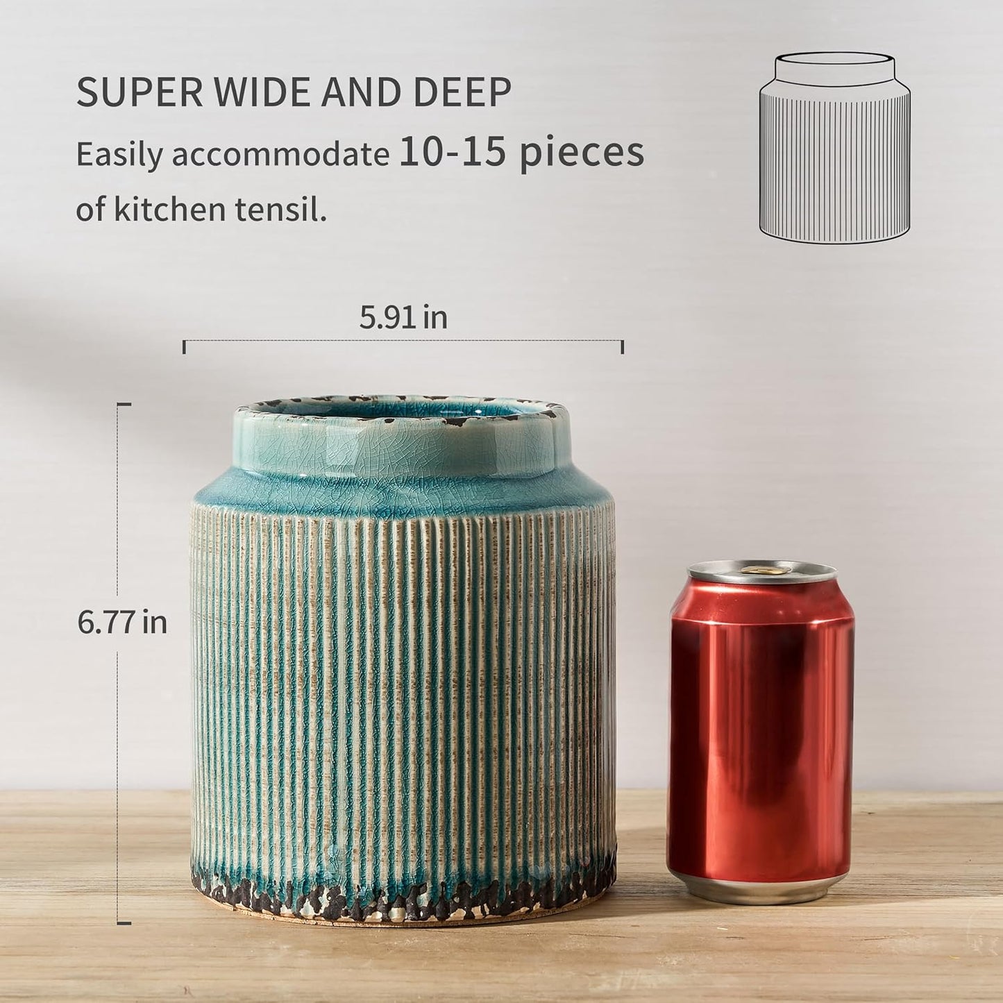 JIEMEI HOME Kitchen Utensil Holder, Ceramic Stable Utensil Crock for Countertop, 7.2" Large Utensil Organizer with Cork Mat, Removable Bamboo Divider for Kitchen Décor and Accessories, Wild Sage Earth
