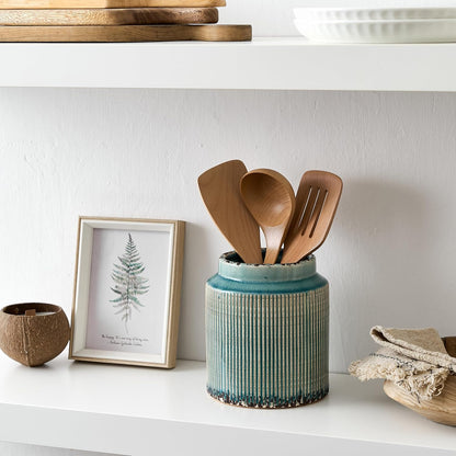 JIEMEI HOME Kitchen Utensil Holder, Ceramic Stable Utensil Crock for Countertop, 7.2" Large Utensil Organizer with Cork Mat, Removable Bamboo Divider for Kitchen Décor and Accessories, Wild Sage Earth