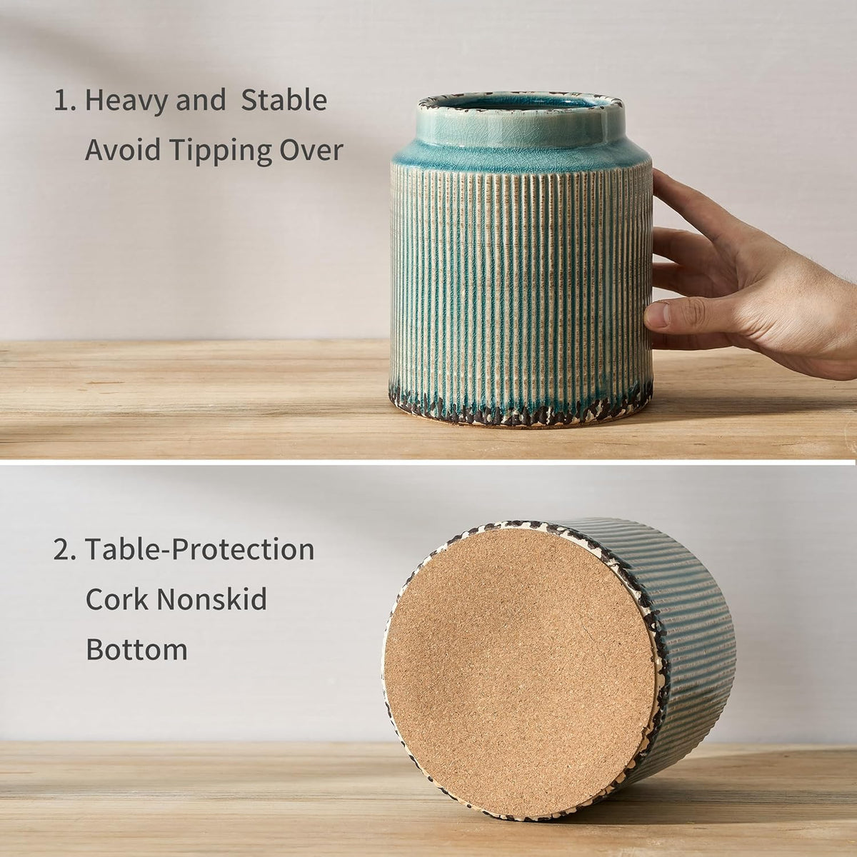 JIEMEI HOME Kitchen Utensil Holder, Ceramic Stable Utensil Crock for Countertop, 7.2" Large Utensil Organizer with Cork Mat, Removable Bamboo Divider for Kitchen Décor and Accessories, Wild Sage Earth