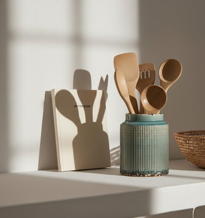 JIEMEI HOME Kitchen Utensil Holder, Ceramic Stable Utensil Crock for Countertop, 7.2" Large Utensil Organizer with Cork Mat, Removable Bamboo Divider for Kitchen Décor and Accessories, Wild Sage Earth