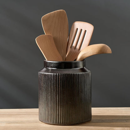 JIEMEI HOME Kitchen Utensil Holder, Ceramic Stable Utensil Crock for Countertop, 7.2" Large Utensil Organizer with Cork Mat, Removable Bamboo Divider for Kitchen Décor and Accessories, Wild Sage Earth