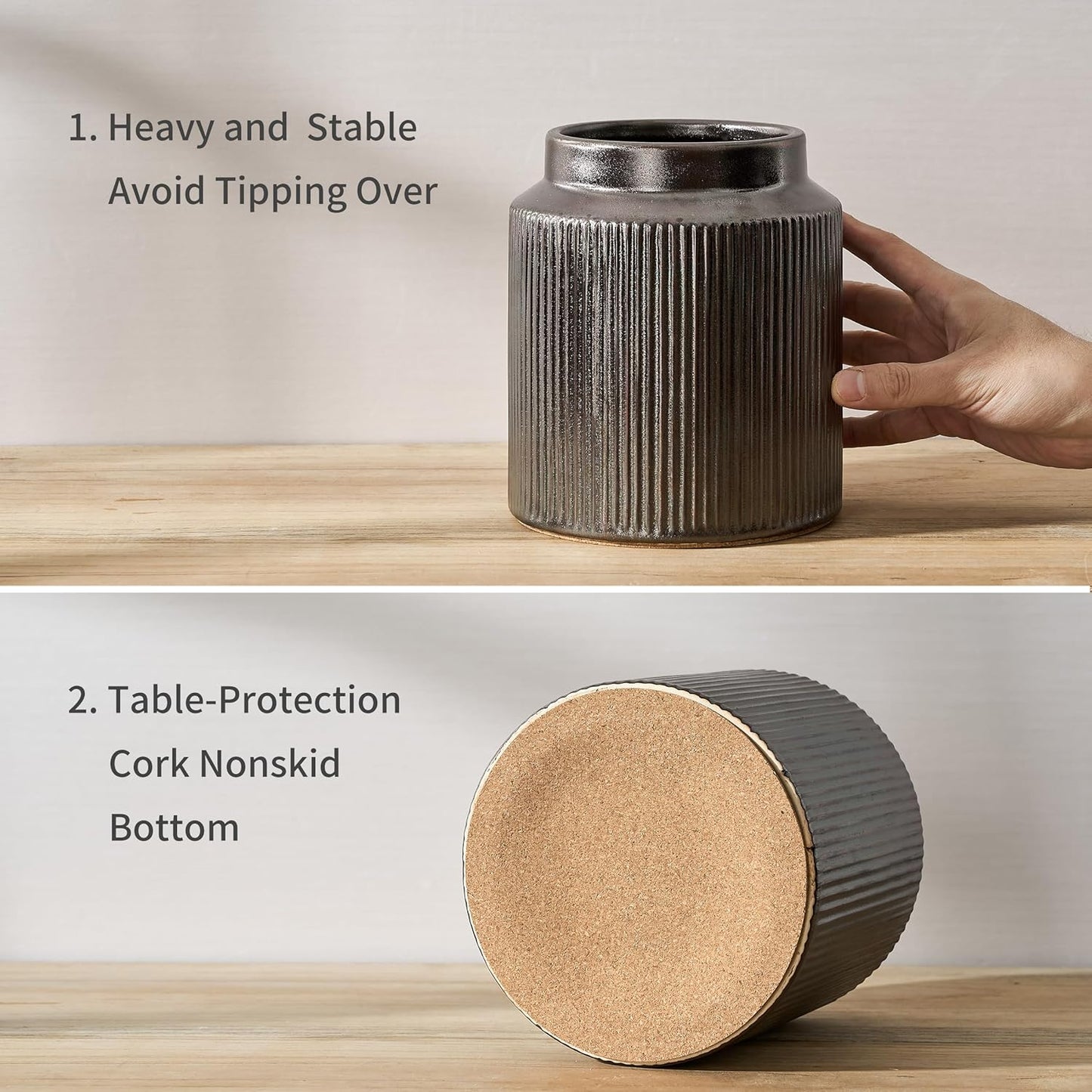 JIEMEI HOME Kitchen Utensil Holder, Ceramic Stable Utensil Crock for Countertop, 7.2" Large Utensil Organizer with Cork Mat, Removable Bamboo Divider for Kitchen Décor and Accessories, Wild Sage Earth