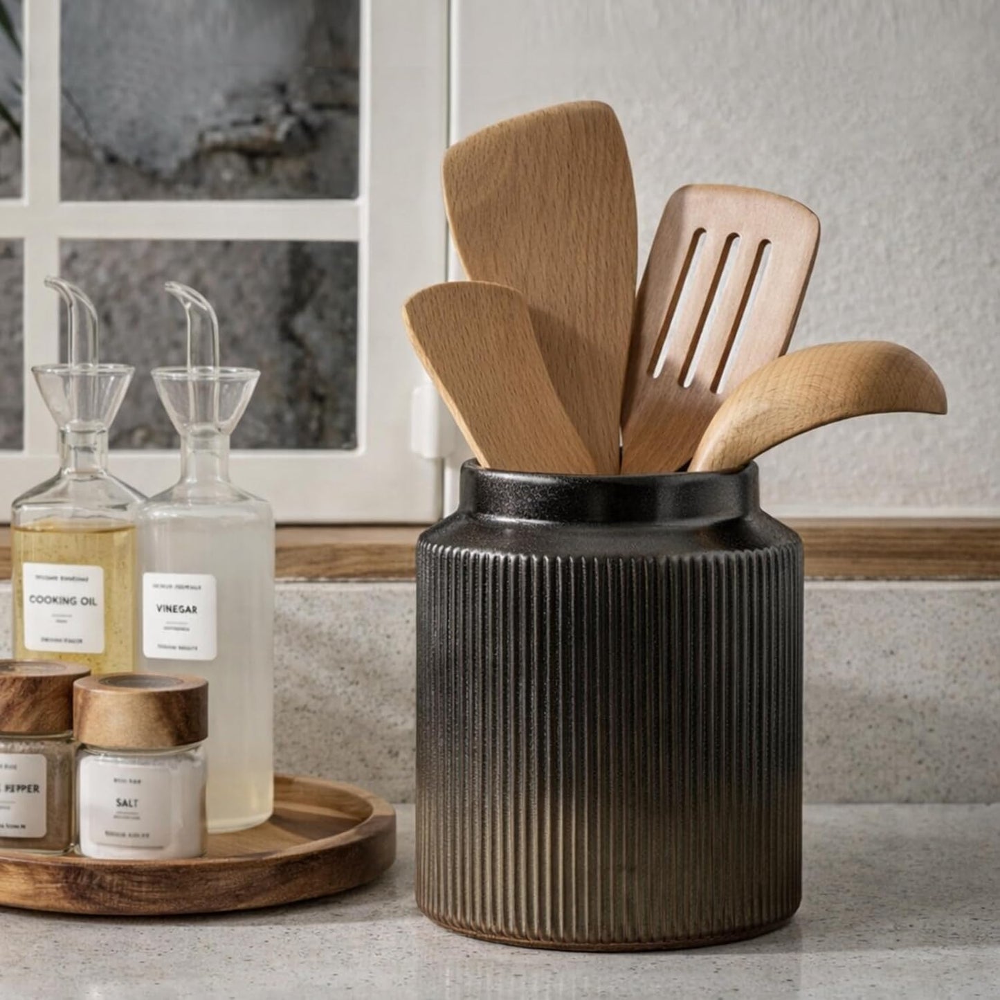 JIEMEI HOME Kitchen Utensil Holder, Ceramic Stable Utensil Crock for Countertop, 7.2" Large Utensil Organizer with Cork Mat, Removable Bamboo Divider for Kitchen Décor and Accessories, Wild Sage Earth