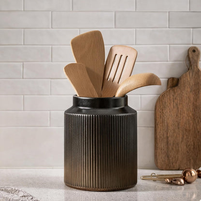 JIEMEI HOME Kitchen Utensil Holder, Ceramic Stable Utensil Crock for Countertop, 7.2" Large Utensil Organizer with Cork Mat, Removable Bamboo Divider for Kitchen Décor and Accessories, Wild Sage Earth