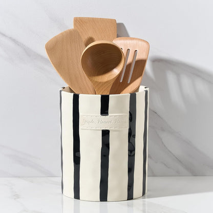 JIEMEI HOME Kitchen Utensil Holder, Ceramic Stable Utensil Crock for Countertop, 7.2" Large Utensil Organizer with Cork Mat, Removable Bamboo Divider for Kitchen Décor and Accessories, Wild Sage Earth