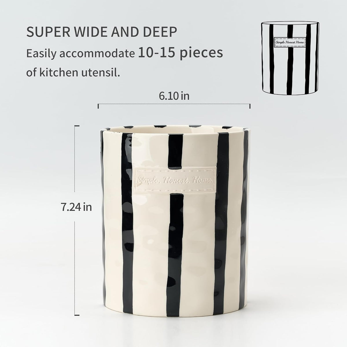 JIEMEI HOME Kitchen Utensil Holder, Ceramic Stable Utensil Crock for Countertop, 7.2" Large Utensil Organizer with Cork Mat, Removable Bamboo Divider for Kitchen Décor and Accessories, Wild Sage Earth