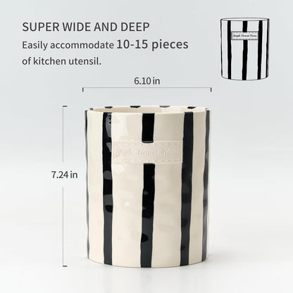JIEMEI HOME Kitchen Utensil Holder, Ceramic Stable Utensil Crock for Countertop, 7.2" Large Utensil Organizer with Cork Mat, Removable Bamboo Divider for Kitchen Décor and Accessories, Wild Sage Earth