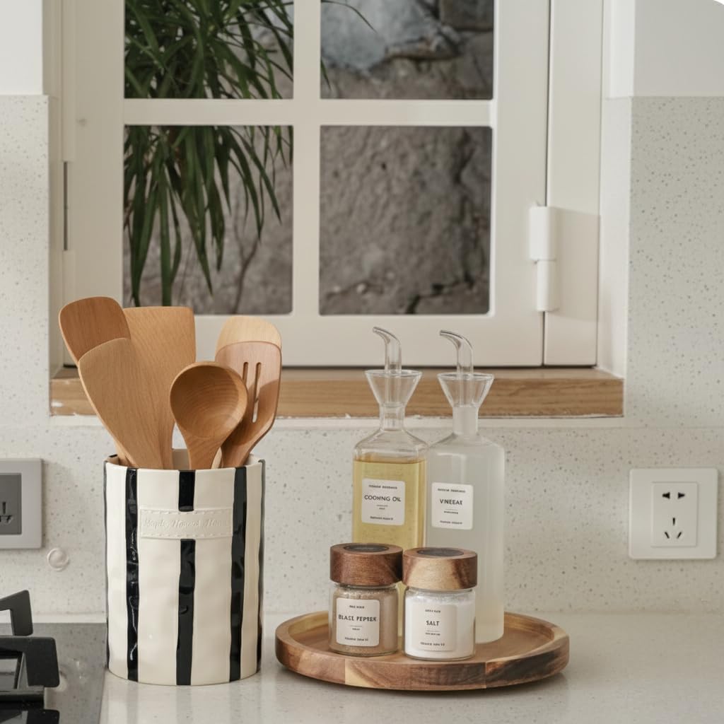JIEMEI HOME Kitchen Utensil Holder, Ceramic Stable Utensil Crock for Countertop, 7.2" Large Utensil Organizer with Cork Mat, Removable Bamboo Divider for Kitchen Décor and Accessories, Wild Sage Earth