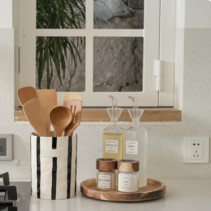 JIEMEI HOME Kitchen Utensil Holder, Ceramic Stable Utensil Crock for Countertop, 7.2" Large Utensil Organizer with Cork Mat, Removable Bamboo Divider for Kitchen Décor and Accessories, Wild Sage Earth