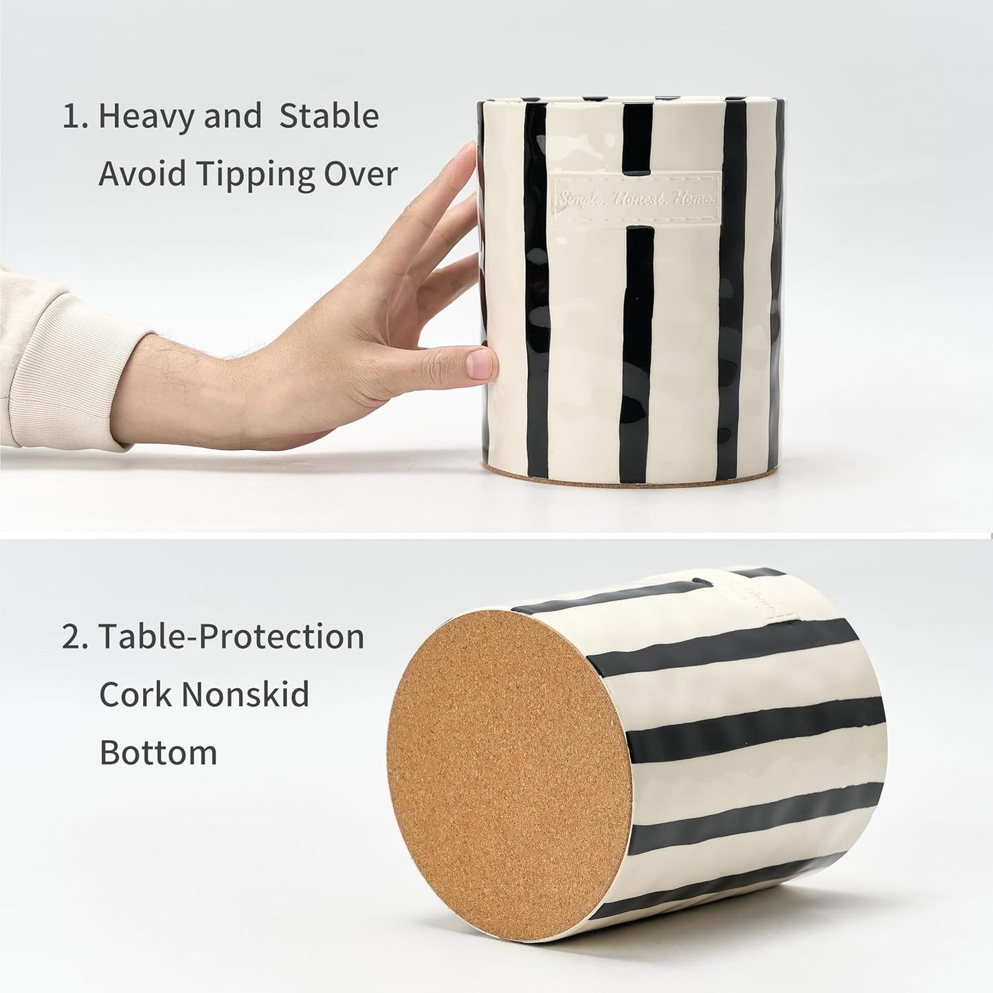 JIEMEI HOME Kitchen Utensil Holder, Ceramic Stable Utensil Crock for Countertop, 7.2" Large Utensil Organizer with Cork Mat, Removable Bamboo Divider for Kitchen Décor and Accessories, Wild Sage Earth