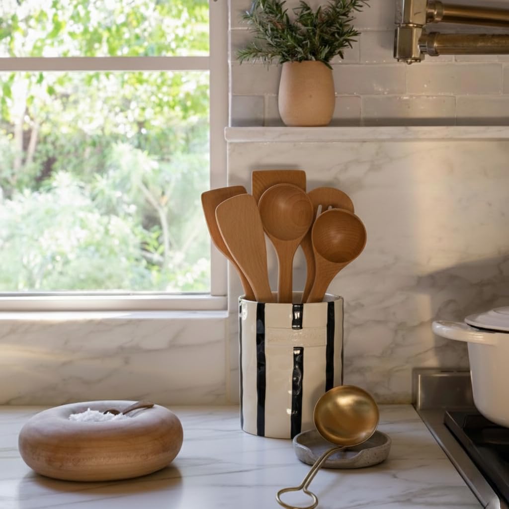 JIEMEI HOME Kitchen Utensil Holder, Ceramic Stable Utensil Crock for Countertop, 7.2" Large Utensil Organizer with Cork Mat, Removable Bamboo Divider for Kitchen Décor and Accessories, Wild Sage Earth