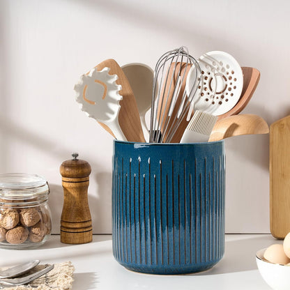 JIEMEI HOME Kitchen Utensil Holder, Ceramic Stable Utensil Crock for Countertop, 7.2" Large Utensil Organizer with Cork Mat, Removable Bamboo Divider for Kitchen Décor and Accessories, Wild Sage Earth