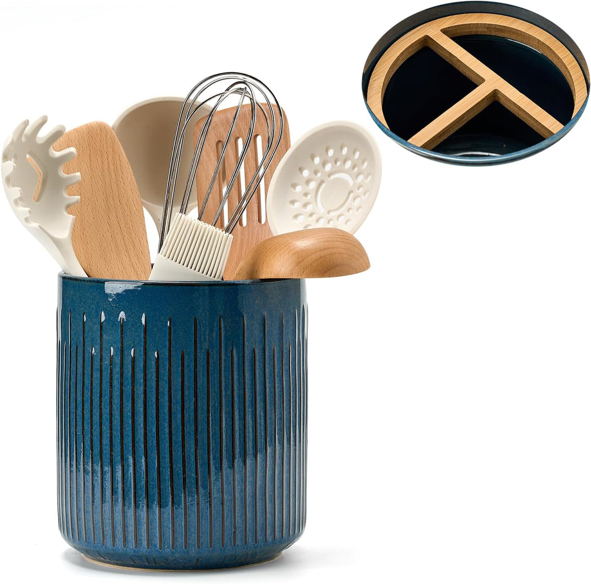 JIEMEI HOME Kitchen Utensil Holder, Ceramic Stable Utensil Crock for Countertop, 7.2" Large Utensil Organizer with Cork Mat, Removable Bamboo Divider for Kitchen Décor and Accessories, Wild Sage Earth