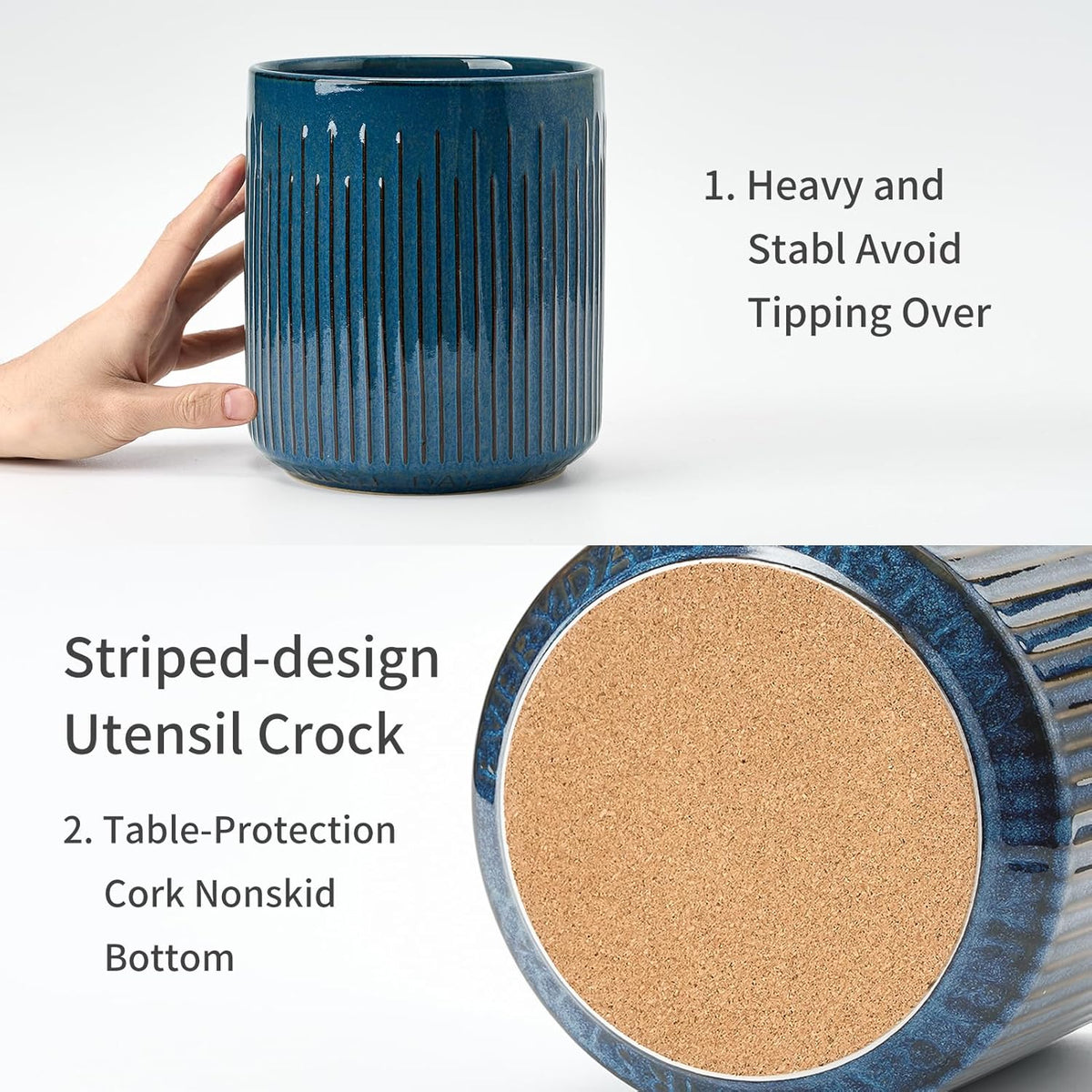 JIEMEI HOME Kitchen Utensil Holder, Ceramic Stable Utensil Crock for Countertop, 7.2" Large Utensil Organizer with Cork Mat, Removable Bamboo Divider for Kitchen Décor and Accessories, Wild Sage Earth