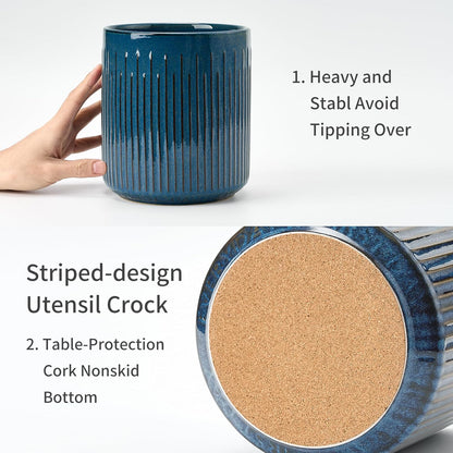 JIEMEI HOME Kitchen Utensil Holder, Ceramic Stable Utensil Crock for Countertop, 7.2" Large Utensil Organizer with Cork Mat, Removable Bamboo Divider for Kitchen Décor and Accessories, Wild Sage Earth