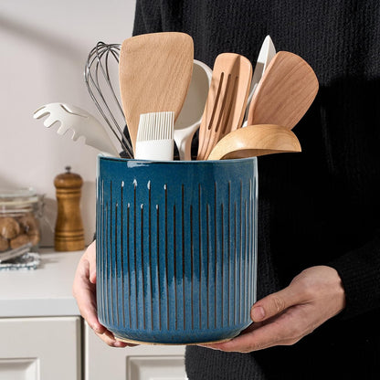 JIEMEI HOME Kitchen Utensil Holder, Ceramic Stable Utensil Crock for Countertop, 7.2" Large Utensil Organizer with Cork Mat, Removable Bamboo Divider for Kitchen Décor and Accessories, Wild Sage Earth
