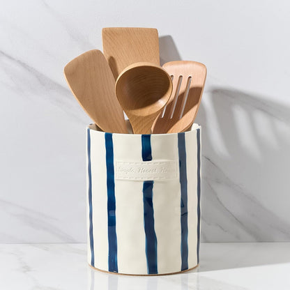 JIEMEI HOME Kitchen Utensil Holder, Ceramic Stable Utensil Crock for Countertop, 7.2" Large Utensil Organizer with Cork Mat, Removable Bamboo Divider for Kitchen Décor and Accessories, Wild Sage Earth