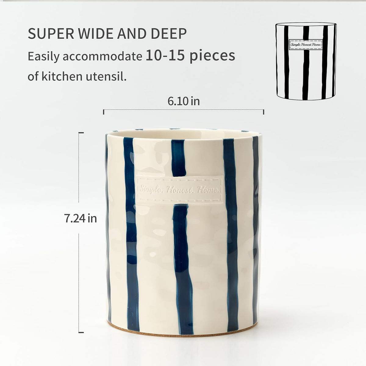 JIEMEI HOME Kitchen Utensil Holder, Ceramic Stable Utensil Crock for Countertop, 7.2" Large Utensil Organizer with Cork Mat, Removable Bamboo Divider for Kitchen Décor and Accessories, Wild Sage Earth