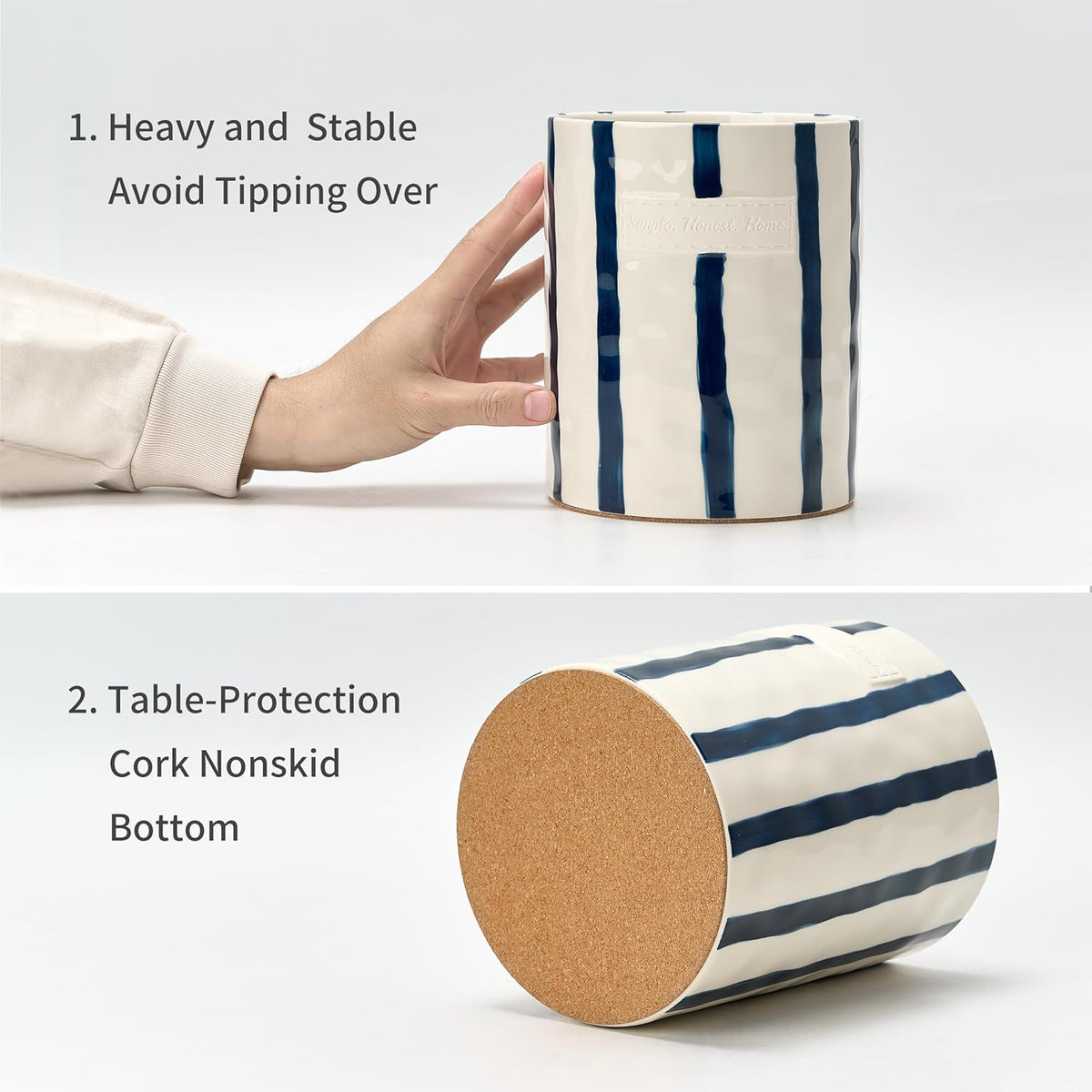 JIEMEI HOME Kitchen Utensil Holder, Ceramic Stable Utensil Crock for Countertop, 7.2" Large Utensil Organizer with Cork Mat, Removable Bamboo Divider for Kitchen Décor and Accessories, Wild Sage Earth