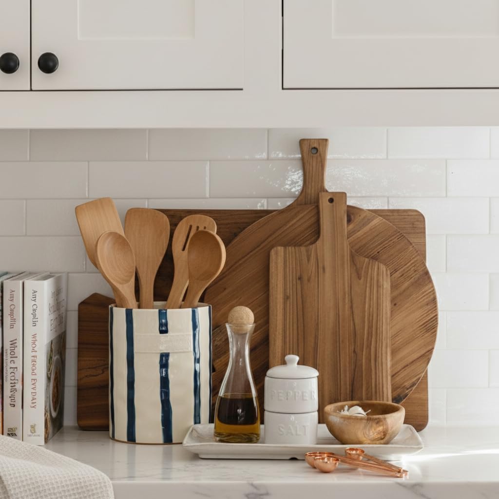JIEMEI HOME Kitchen Utensil Holder, Ceramic Stable Utensil Crock for Countertop, 7.2" Large Utensil Organizer with Cork Mat, Removable Bamboo Divider for Kitchen Décor and Accessories, Wild Sage Earth