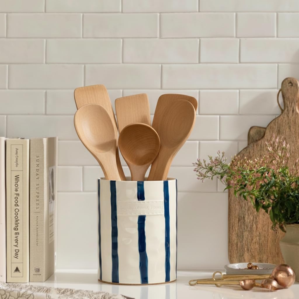 JIEMEI HOME Kitchen Utensil Holder, Ceramic Stable Utensil Crock for Countertop, 7.2" Large Utensil Organizer with Cork Mat, Removable Bamboo Divider for Kitchen Décor and Accessories, Wild Sage Earth