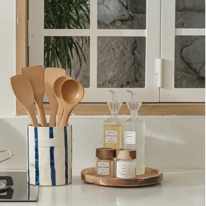 JIEMEI HOME Kitchen Utensil Holder, Ceramic Stable Utensil Crock for Countertop, 7.2" Large Utensil Organizer with Cork Mat, Removable Bamboo Divider for Kitchen Décor and Accessories, Wild Sage Earth