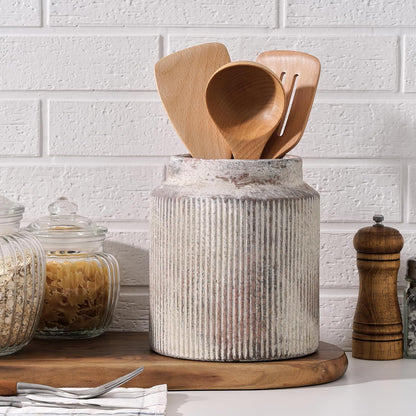 JIEMEI HOME Kitchen Utensil Holder, Ceramic Stable Utensil Crock for Countertop, 7.2" Large Utensil Organizer with Cork Mat, Removable Bamboo Divider for Kitchen Décor and Accessories, Wild Sage Earth