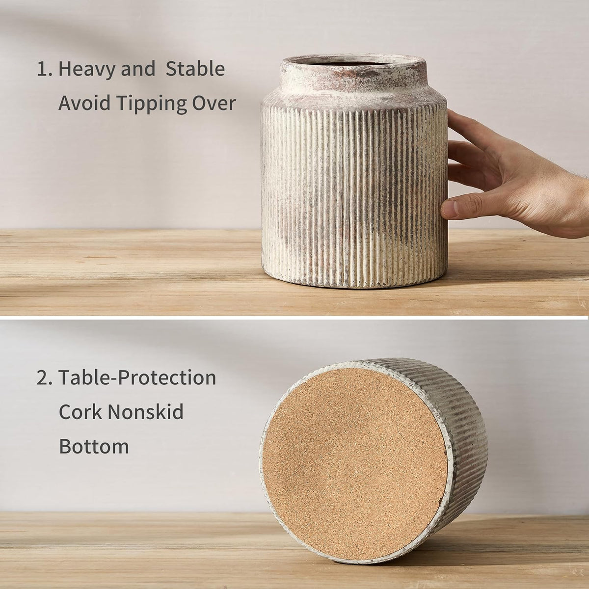 JIEMEI HOME Kitchen Utensil Holder, Ceramic Stable Utensil Crock for Countertop, 7.2" Large Utensil Organizer with Cork Mat, Removable Bamboo Divider for Kitchen Décor and Accessories, Wild Sage Earth