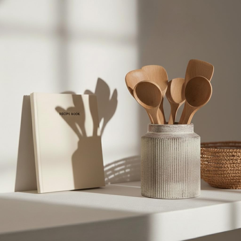 JIEMEI HOME Kitchen Utensil Holder, Ceramic Stable Utensil Crock for Countertop, 7.2" Large Utensil Organizer with Cork Mat, Removable Bamboo Divider for Kitchen Décor and Accessories, Wild Sage Earth