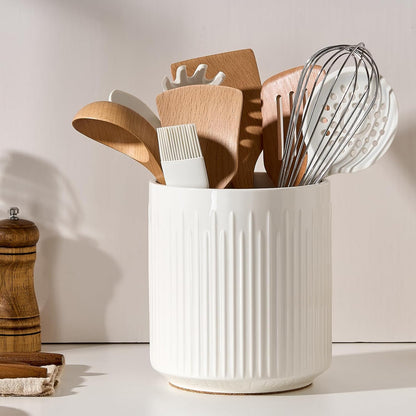 JIEMEI HOME Kitchen Utensil Holder, Ceramic Stable Utensil Crock for Countertop, 7.2" Large Utensil Organizer with Cork Mat, Removable Bamboo Divider for Kitchen Décor and Accessories, Wild Sage Earth