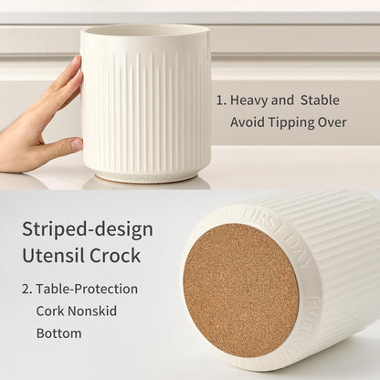 JIEMEI HOME Kitchen Utensil Holder, Ceramic Stable Utensil Crock for Countertop, 7.2" Large Utensil Organizer with Cork Mat, Removable Bamboo Divider for Kitchen Décor and Accessories, Wild Sage Earth