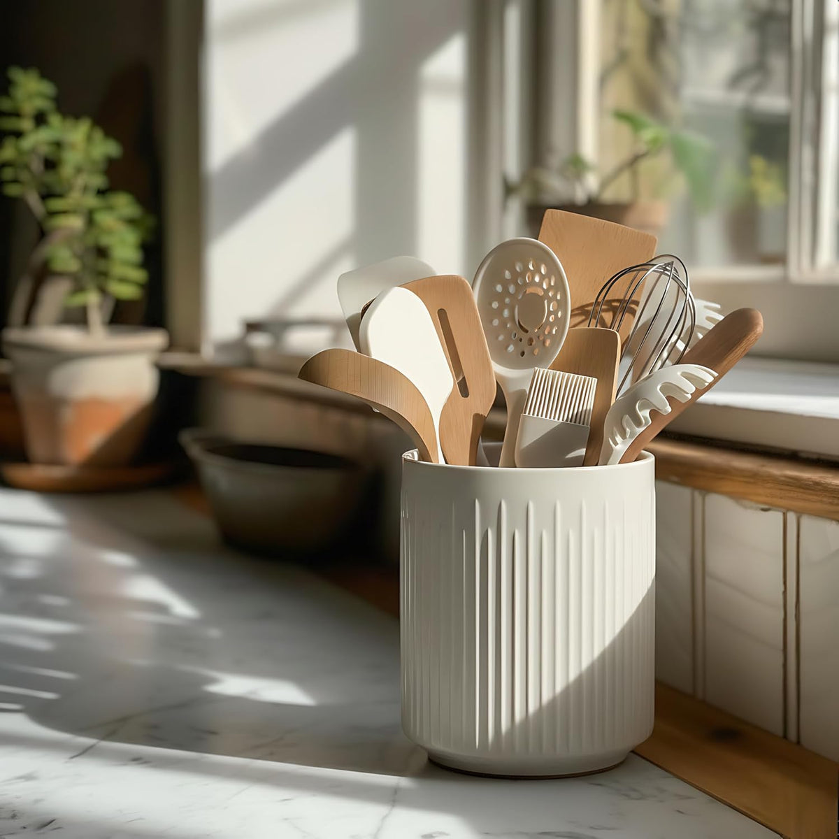 JIEMEI HOME Kitchen Utensil Holder, Ceramic Stable Utensil Crock for Countertop, 7.2" Large Utensil Organizer with Cork Mat, Removable Bamboo Divider for Kitchen Décor and Accessories, Wild Sage Earth