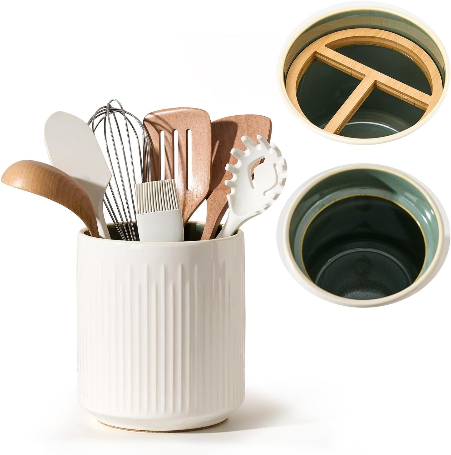 JIEMEI HOME Kitchen Utensil Holder, Ceramic Stable Utensil Crock for Countertop, 7.2" Large Utensil Organizer with Cork Mat, Removable Bamboo Divider for Kitchen Décor and Accessories, Wild Sage Earth