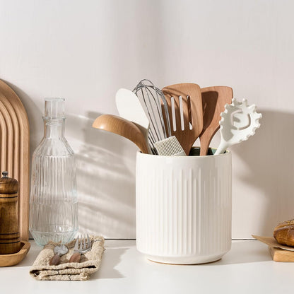 JIEMEI HOME Kitchen Utensil Holder, Ceramic Stable Utensil Crock for Countertop, 7.2" Large Utensil Organizer with Cork Mat, Removable Bamboo Divider for Kitchen Décor and Accessories, Wild Sage Earth