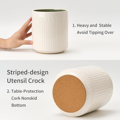 JIEMEI HOME Kitchen Utensil Holder, Ceramic Stable Utensil Crock for Countertop, 7.2" Large Utensil Organizer with Cork Mat, Removable Bamboo Divider for Kitchen Décor and Accessories, Wild Sage Earth