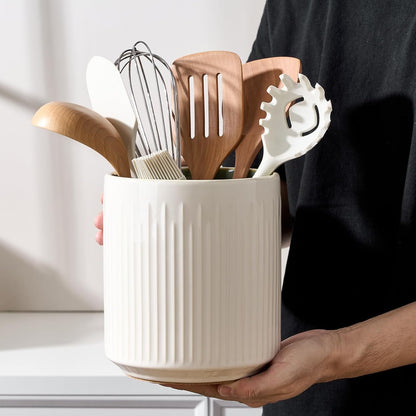 JIEMEI HOME Kitchen Utensil Holder, Ceramic Stable Utensil Crock for Countertop, 7.2" Large Utensil Organizer with Cork Mat, Removable Bamboo Divider for Kitchen Décor and Accessories, Wild Sage Earth