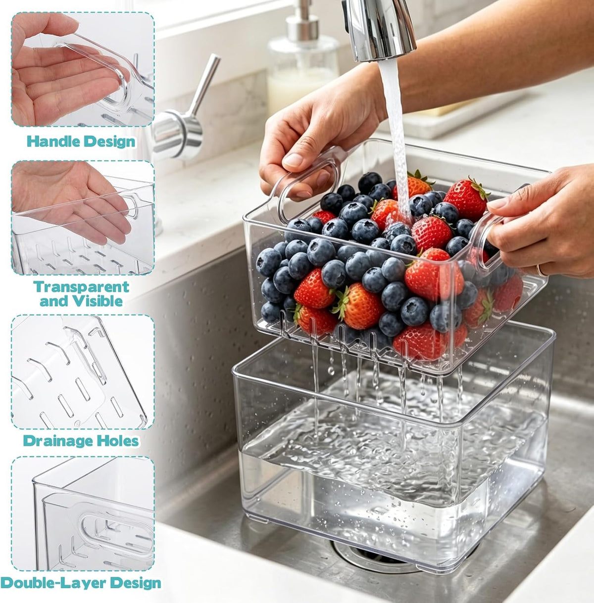 2 Pcs Transparent PET Fruit Draining, Washing Colander Food Storage Boxes, Plastic Cookie Containers, Refrigerator Organizers for Kitchen, Pantry, Vegetables, Fruits(2 Square)