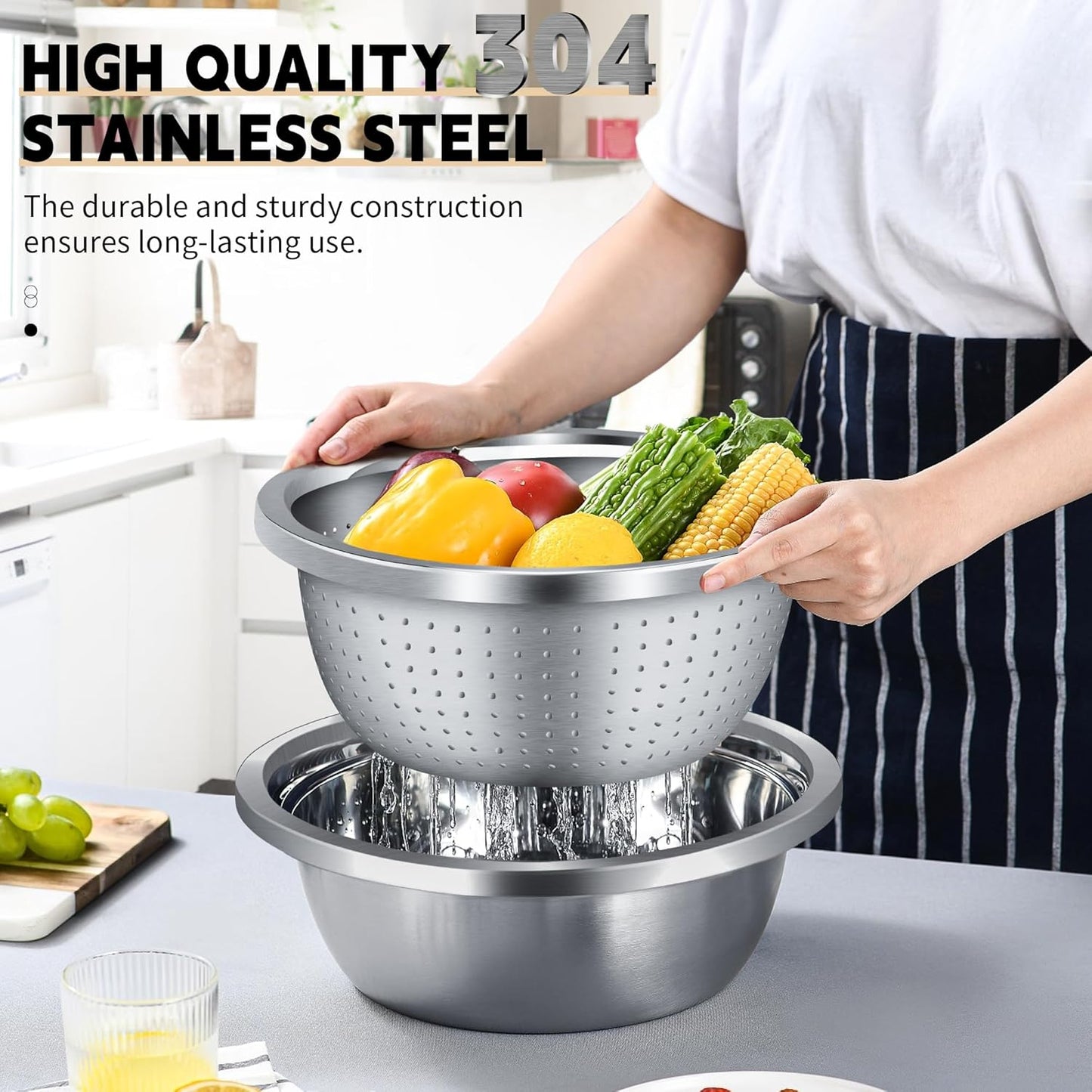 Colander Stainless Steel 3-quart with Bowls,Strainer for Kitchen(2PC)